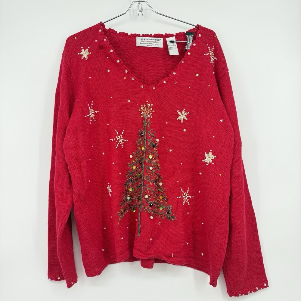 Vintage Red Christmas Sweater, Christmas‎ Tree, Size 3X Grannycore Sequin Beads